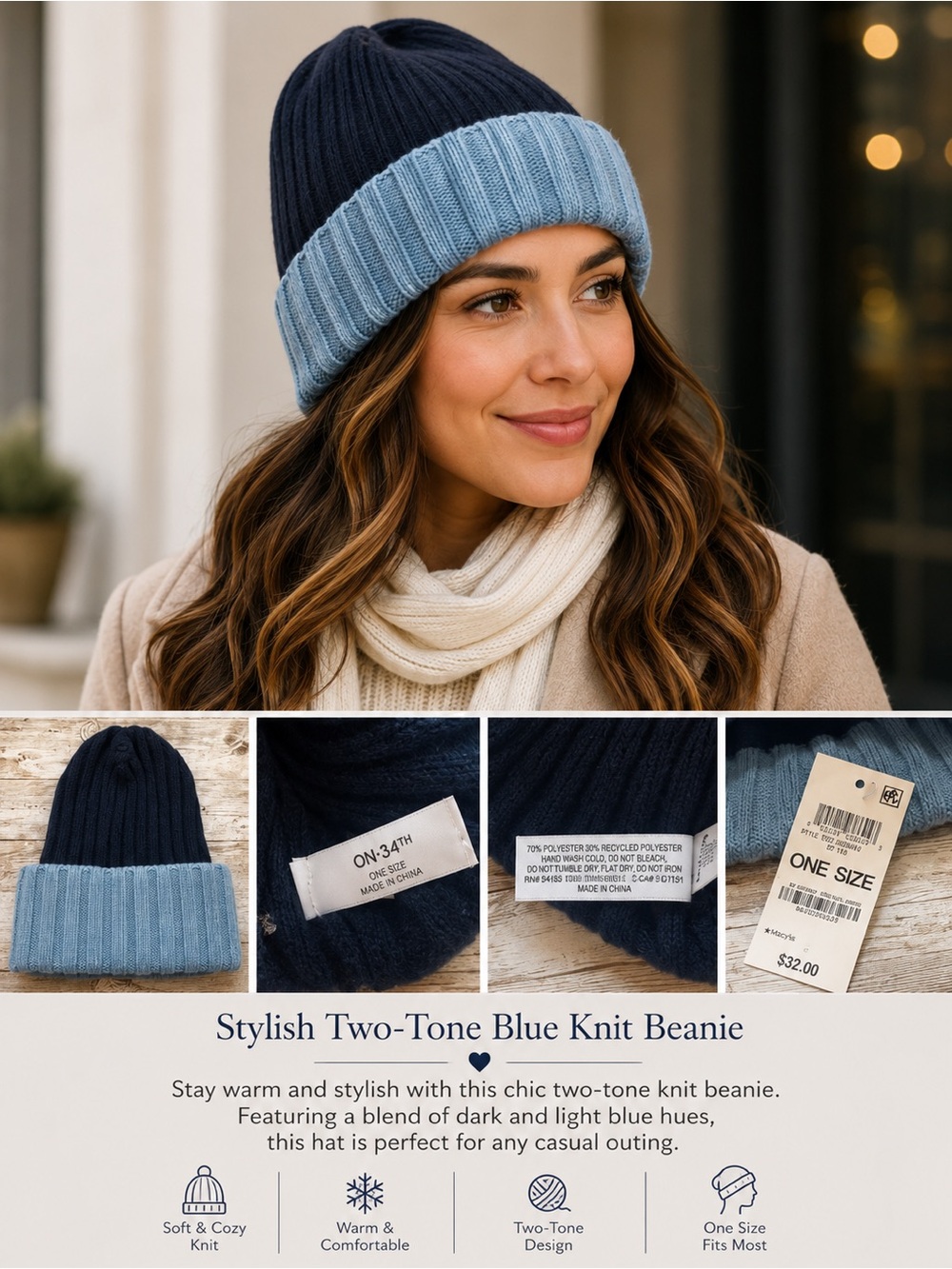 Stylish Two-Tone Blue Knit Beanie NEW
